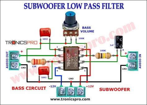 Subwoofer Diagram Sirkuit Low pass Filter Bluetooth Speakers Diy, Amplifier Circuit Diagram, Subwoofer Wiring, Diy Subwoofer, Low Pass Filter, Diy Audio Projects, Basic Electronic Circuits, Mini Amplifier, Hifi Amplifier