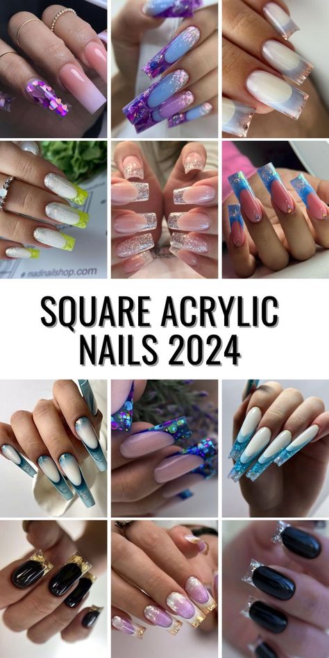 Square acrylic nails 2024 bring a fresh perspective to classic nail art with their unique shape and wide range of designs. Opt for a medium length for a practical yet stylish look, or go bold with long, glitter-encrusted nails. Choose from a palette of colors, including soft pastels and deep, rich tones, to perfectly match your style and occasion. With added features like sparkle and high gloss finishes, your nails will surely stand out. Multicolor Nails Acrylic, Pretty Nails Design Inspiration, Unique Nail Designs Creative Beautiful, Acrylic Nails Chic, Medium Square Nails Designs, Trendy Long Nails, Glitter Square Nails, Medium Square Acrylic Nails, Sparkly French Tip Nails