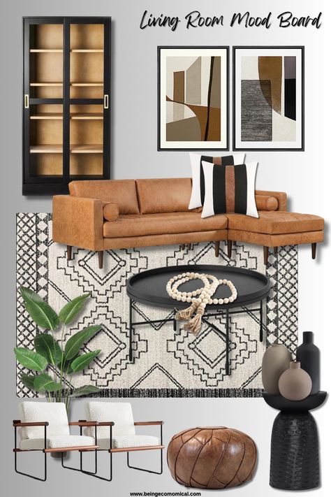 Try these boho living room decor ideas for your next cozy living room decor ideas, living room decor cozy, living room decor neutral, living room decor black and white to add to your living room designs. Boho Living Room With Leather Couch, Cognac Couch Living Room Ideas Bohemian, Southwest Rustic Living Room, Black And Cream Boho Living Room, Carmel Couch Decor, Black And Brown Wood Living Room, Camel Black And White Living Room, Modern Living Room With Leather Couch, Carmel Couch Living Room Ideas