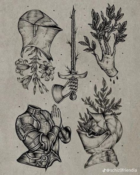 Alchemical Art Illustrations, A Knights Tale Tattoo, Old Drawings Aesthetic, Bad Tattoos Funny, Midevil Tattoo Ideas, Woman Knight Tattoo, Green Knight Tattoo, Lady Knight Tattoo, Middle Ages Tattoo