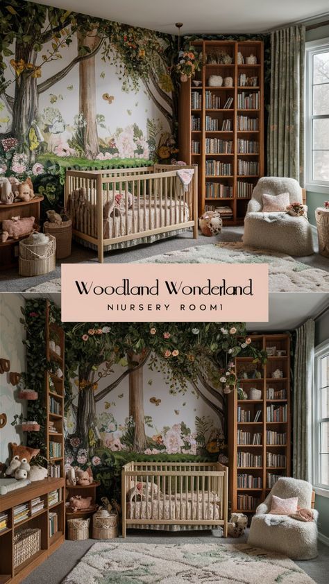 Magical Forest Nursery Theme, Storybook Forest Nursery, Mystical Forest Nursery, Best Nursery Ideas, Storybook Theme Nursery, Enchanted Forest Nursery Ideas, Woodland Fairytale Nursery, Dark Woodland Nursery, Forest Themed Baby Room