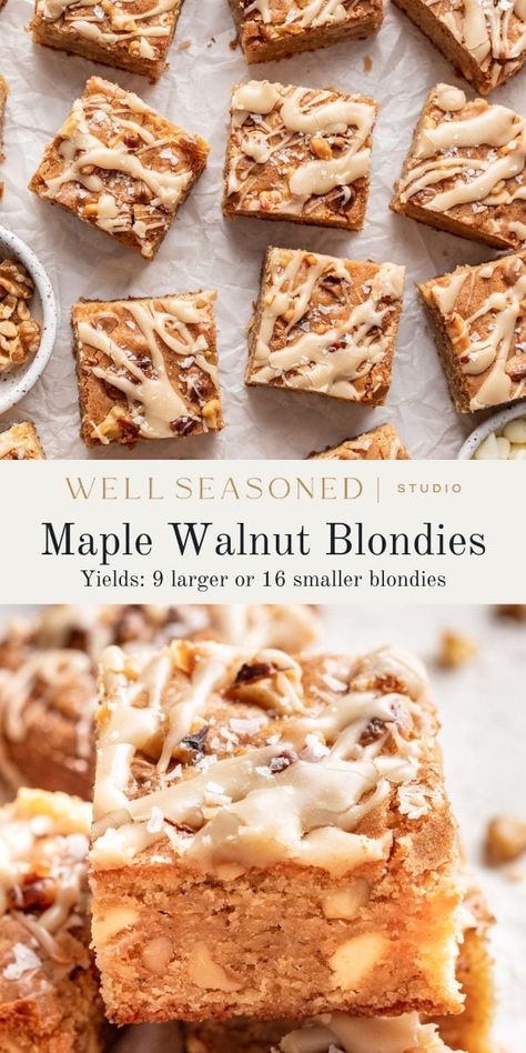 Maple White Chocolate Blondies with Maple Glaze Maple Bars Recipe, Maple Blondies, Walnut Blondies, Eggs Appetizers, Baked Salad, White Chocolate Blondies Recipe, Chocolate Blondies Recipe, Nuts Dessert, Blonde Brownies