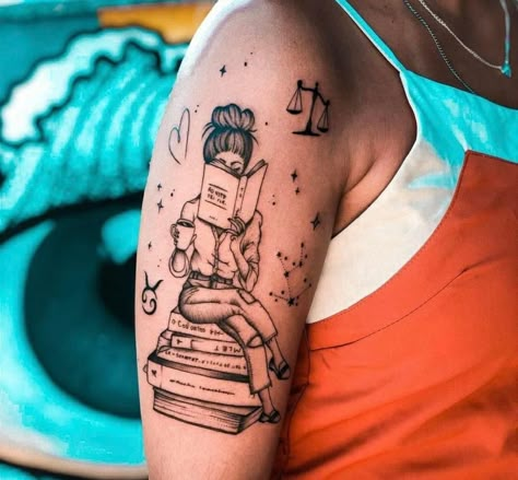 Reading Lover Tattoo, Girl Reading Book Tattoo, Girl Reading Tattoo, Book And Coffee Tattoo, Reader Tattoo, Reading Tattoo, Book Inspired Tattoos, Book Lover Tattoo, Tattoos Angel