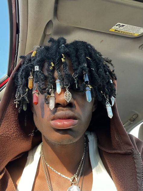 Different Dreads Styles For Men, Dreads Styles For Short Dreads, Cool Black Hairstyles Men, Black Dread Hairstyles, Short Loc Inspiration, Crystals In Locs Guys, Styled Locs Men, Coiled Hair Men, Black Loc Hairstyles Men