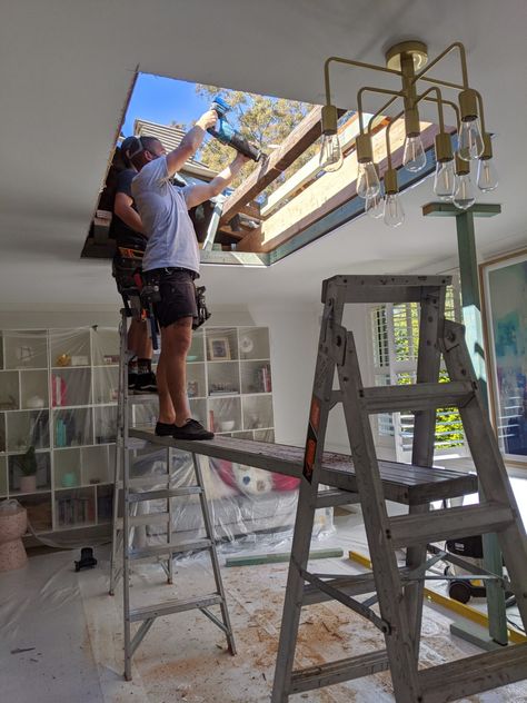 Skylights have transformed our living room: here's all the details - The Interiors Addict Skylight In Living Room Ceilings, Skylights Ideas Ceilings Living Room, Skylight In Living Room, Skylight Dining Room, Skylight Before And After, Living Room Skylights, Living Room Skylight Ideas, Adding Skylights Before And After, Kitchen Skylight Ceilings