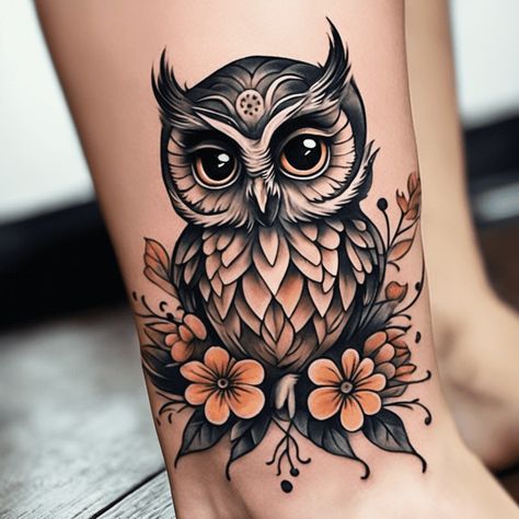 Halloween Owl Tattoo, Womens Owl Tattoo, Owl Sunflower Tattoo, Owls Tattoo For Women, Traditional Style Owl Tattoo, Book Owl Tattoo, Owl Tattoo Cute, Owl Tatoos Woman, Owl Tattoo Women