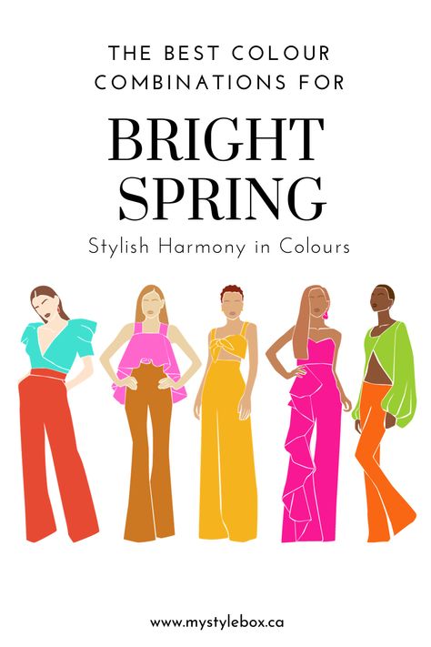 BRIGHT SPRING SEASONAL COLOUR GUIDE Spring Pallete, Bright Spring Color Palette, Best Colour Combinations, Clear Bright Spring, Best Color Combinations, Colour Harmony, Spring Skin, Spring Bright, Seasonal Outfits