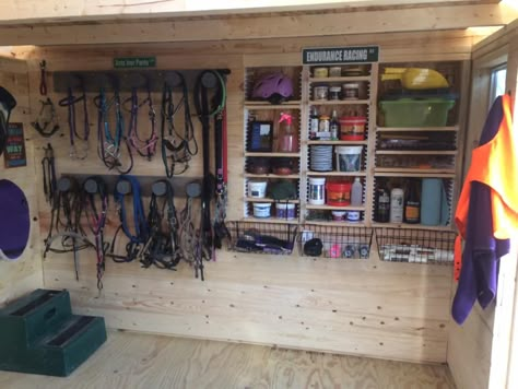 Horse Shavings Storage Ideas, Tack Room Shelves, Horse Equipment Storage, Storage Container Tack Room, Horse Tack Storage Ideas, Horse Tack Shed Ideas, Tack Shed Organization, Tack Room Ideas Organizations, Tack And Feed Room Ideas