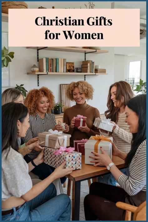 Women gathered at a table exchanging wrapped gifts, smiling and celebrating together. Gift Ideas For Bible Study Group, Christmas Gifts For Christian Women, Christian Gift Ideas For Women Diy, Religious Gifts For Women, Gifts For Christian Women Ideas, Gift Ideas For Women Friends, Women Gifts Christmas, Gifts For Christian Women, Ministry Gifts