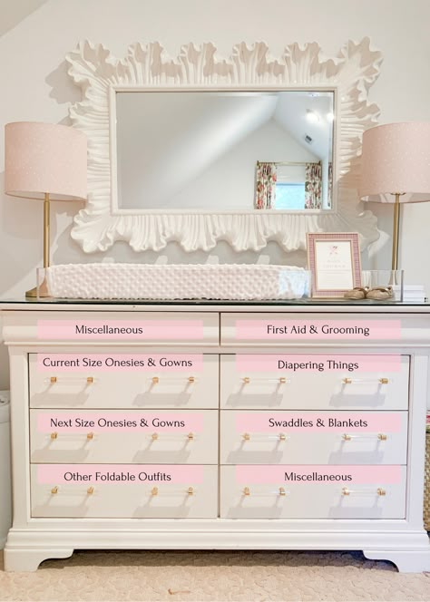 Organizing Nursery Closet, Pink Preppy Nursery, Pink White Nursery, Organizing Nursery Drawers, Drawer Organization Nursery, Baby Nursery Closet Organization, Baby Nursery Organization Ideas, Nursery Room Organization, Baby Girl Nursery Closet