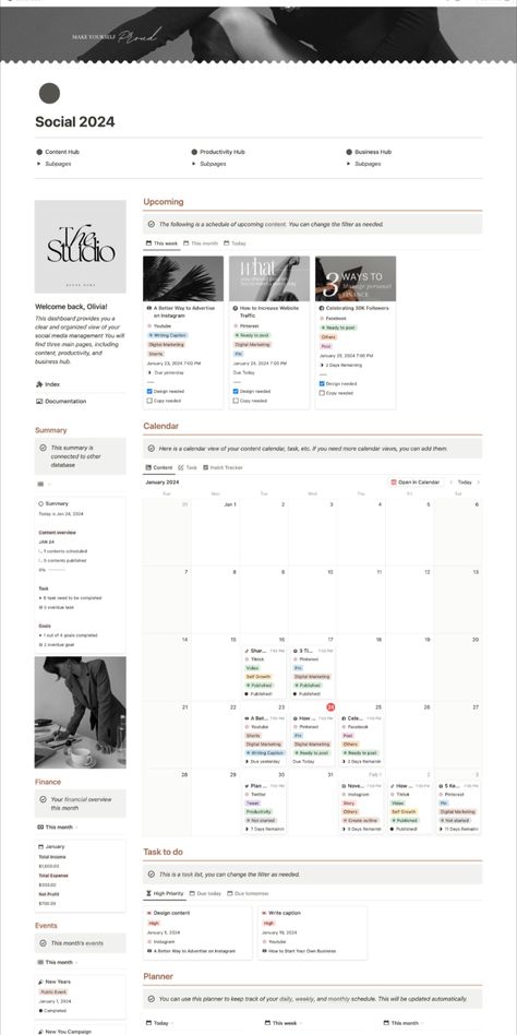 Notion Template Social Media Planner Content Creator plannerlovers #plannerminimalista. Digital Content Planner, Notion 2023, Social Media Planning Template, Notion Organization, Editorial Calendar Template, Brand Proposal, Planner Content, Study Core, Notion Inspo