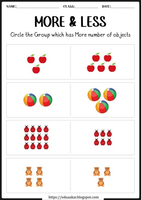 Download free worksheet to teach More & Less pre-math concept to kids. More And Less Worksheet, Worksheet For Nursery Class, Nursery Worksheets, Pre K Worksheets, Easy Math, Preschool Math Worksheets, Kids Worksheets Preschool, Free Preschool Worksheets, Numbers Kindergarten