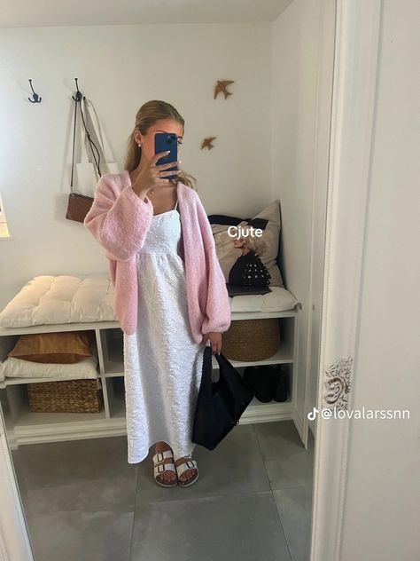 Slip Dress With Cardigan Outfit, Hyperfeminine Outfit Winter, Pink Maxi Dress Outfit Casual, Scandinavian Fashion Spring 2024, Sweden Summer Outfits, Maxi Dress And Cardigan Outfit, Summer Scandinavian Outfits, Spring Cardigan Outfit, Europe Dress