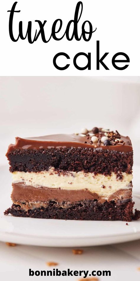 Chocolate Cake With Mousse And Ganache, Chocolate Cake With Chocolate Mousse Filling, Chocolate Mousse Layered Dessert, Costco Chocolate Mousse Cake Filling, Best Chocolate Mousse Cake Recipe, Chocolate Mousse Ganache Cake, Mousse Cake Filling Recipes, Chocolate Mouse Cake Recipes, Costco Tuxedo Cake Recipe