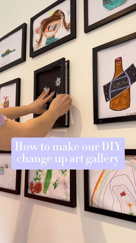 Christine | I’ve been asked a lot for a slower version of how we made our art gallery changeable frames to display the kids art so here it is! The... | Instagram Kids Art Gallery Wall Ideas, Kids Framed Art Wall, Diy Changeable Art Frame, Diy Art Display Kids, Diy Kids Art Display Frame, Kids Art Frame Display, Diy Kids Art Frame, Grandkids Wall Decor Ideas, Diy Kids Picture Frames