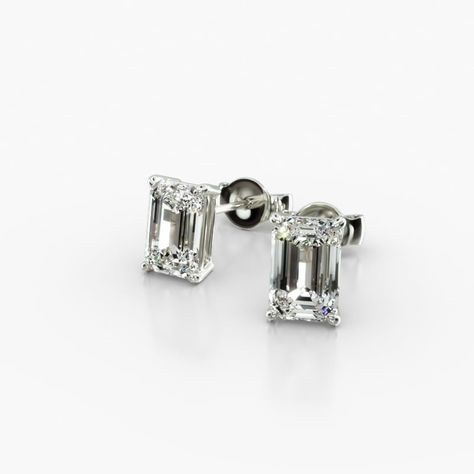 14K White Gold Emerald Cut Lab-Grown Diamond Stud Earrings (1.00 CTW - F-G / VS2-SI1). This pair of classic pear shape diamond earrings feature a tapered basket, showcasing the unique characteristics and striking outline of a pear shape diamond. Splinters of light shimmer and shine with every move. Emerald Cut Diamond Earrings, Marquise Diamond Earrings, Emerald Cut Stud Earrings, Emerald Diamond Earrings, Carved Ring, Classic Wedding Rings, Round Cut Engagement Rings, Emerald Cut Diamond, Gold Pearl Necklace