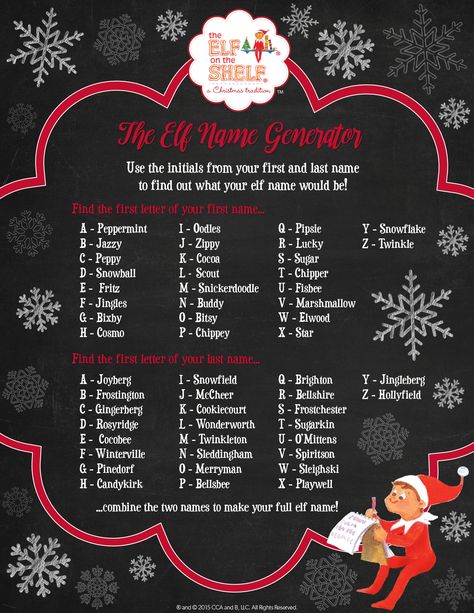 It’s only natural to imagine what life is like for Santa and all of his Scout Elves at the North Pole. But, have you ever wondered what it would be like if YOU were an elf? Gather your kids and see what your elf names would be if you were one of Santa’s special helpers! Read More Elf On Shelf Names, Elf On The Shelf Names, Name Ideas Boy, Christmas Elf Names, Elf Name Generator, Elf Christmas Decorations, Elf Pets, Elf On Shelf, Elf Names