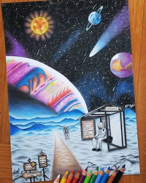 This is my entry for Faber Castell competition on topic "What could the world look like in 111 years" Hope you will like it🎨🌎🌌… School Art Competition Ideas, Best Art Paintings In The World, Topic For Drawing Competition, Drawing Ideas For Competition, Drawing For Competition, Competition Drawing, Beautiful Easy Drawings, Internal Beauty, Drawing Topics