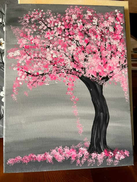 Heart Tree Painting, Painting Ideas On Big Canvas Aesthetic, Pretty Flower Painting, Piktura Te Bukura, Flower Garden Painting Easy, Landscape Ideas Painting Easy, Easy Cherry Blossom Painting, Drawing Ideas Aesthetic Flowers, Pink Aesthetic Painting Ideas