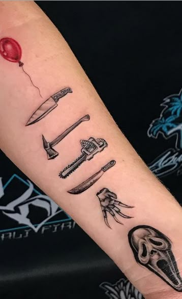 It's Friday the 13th - Enjoy These Scary Good Tattoos Creepy Halloween Tattoos, Scary Movie Tattoos Ideas, Freddie Kruger Tattoo, The Conjuring Tattoo, Horror Film Tattoo, Horror Movie Tattoos Sleeve, Scary Movie Tattoos, Movie Character Tattoos, Pennywise Tattoo