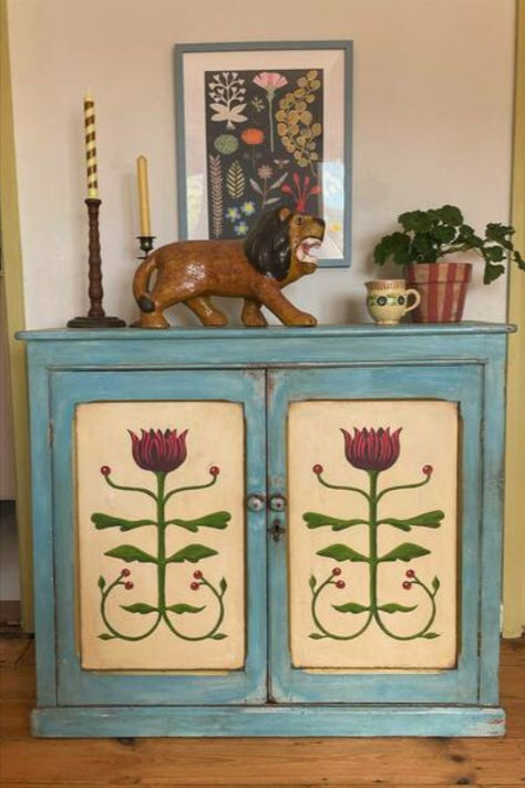 Embrace bohemian charm with this vintage hand-painted floral chest of drawers. The rustic blue frame beautifully complements the intricate folk art floral designs, creating a unique and eye-catching piece perfect for adding character to any room. With its whimsical style and practical storage, this chest is an ideal addition to eclectic or cottage-inspired decor. Shop now on Vinterior. Blue Cupboard, Blue Cupboards, Hand Painted Dressers, Folk Art Floral, Room Measurements, Folk Decor, Painted Cupboards, Painted Drawers, Whimsical Style