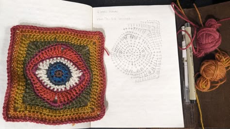 Crochet Eye Granny Square Pattern, Crochet Evil Eye Granny Square, Evil Eye Granny Square, Granny Square Diagram, Eye Granny Square, Crochet Evil Eye, Hippie Crochet, Crochet Eyes, Crochet Car