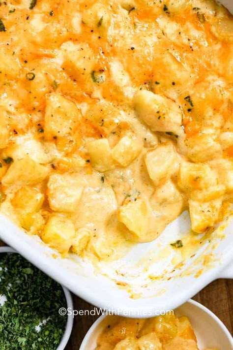 This easy cheesy potato casserole is great to prep and make ahead. Then just toss in the oven to bake until browned! You can also easily freeze this recipe for a quick meal or perfectly portioned leftovers! #spendwithpennies #cheesypotatoes #sidedish #ovenbaked #casserole #makeahead #freezerfriendly Oven Cheesy Potatoes Easy Recipes, Make Ahead Cheesy Potatoes, Cheesy Potatoes With Real Potatoes, Can Potatoes Recipes, Oven Roasted Potatoes Easy, Cheesy Potato Bake, Cheesy Potatoes Recipe, Perfect Baked Potato, Canned Potatoes