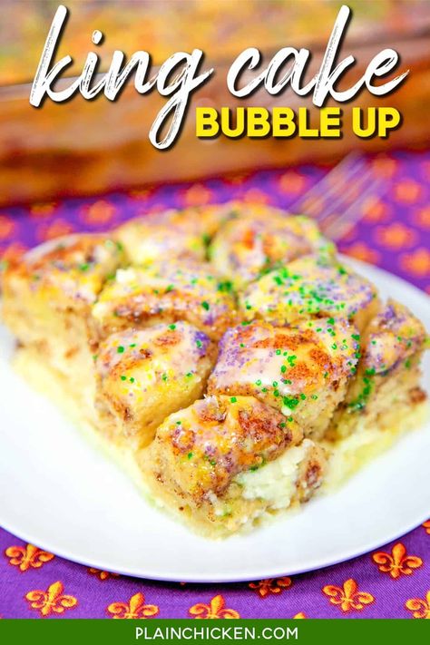 King Cake Bubble Up - We loved this!! Cinnamon rolls, eggs, milk, vanilla and cream cheese. Ready in 30 minutes. Better than any store-bought King Cake we've had! Can serve warm or room temperature. We ate way too much of this! Perfect for your Mardi Gras party! #mardigras #kingcake #biscuit #dessert #breakfast King Cake Bubble Up, King Cake Bites, King Cake Recipe, Bubble Cake, Cinnamon Roll Icing, Mardi Gras King Cake, Mardi Gras Food, Plain Chicken, Bubble Up