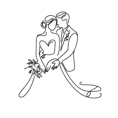 Wedding Couple One Line Art Wedding Silouhette Drawing, Bride And Groom Outline Drawing, Wedding Outline Drawing, Bride And Groom Outline, Wedding Line Art Drawings, Wedding Drawings Couple, Wedding Drawing Ideas, Valentines Line Art, Wedding Card Art