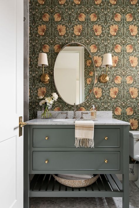 Our Favorite Green Paint Colors - Studio McGee Green Bathroom Vanity Gold Hardware, Green Paint For Bathroom Vanity, Forest Green Bathroom Cabinets, Painted Double Vanity, Sherwin Williams Bathroom Vanity Colors, Green Vanity Paint Color, Green Bathroom Cabinet Colors, Sw Retreat Bathroom, Dark Green Vanity Bathroom Ideas