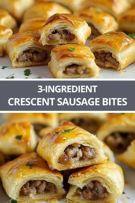 3-Ingredient Crescent Sausage Bites Sausage Crescent Roll Ups, 3 Ingredient Crescent Sausage Bites, 3 Ingredient Sausage Crescent, Sausage Crescent Rolls Breakfast, Sausage Appetizers For Party Easy, Sausage Crescent Rolls Appetizers, Sausage Snacks Appetizers, Sausage Wreath Crescent Rolls, Crescent Sausage Rolls