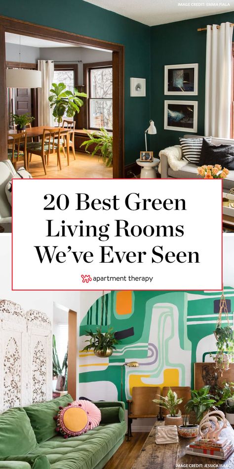 The 20 Best Green Living Room Ideas We’ve Ever Seen - Stylish Green Living Rooms | Apartment Therapy Bathroom Green Paint, Green And Yellow Living Room, Green Living Room Paint, Green Living Room Color Scheme, Green Family Rooms, Green Living Rooms, Earth Tone Living Room, Green Walls Living Room, Blue And Green Living Room