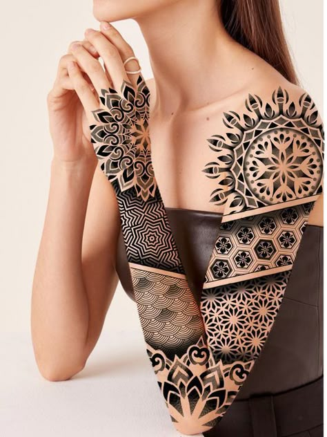 Are you looking for mandala tattoo designs? Don't waste your time searching through 1,000+ web pages. We’ve collected 50+ best tattoo ideas for you in our article. Intricate Geometric Tattoo, Geometric Arm Tattoos For Women, Mandala Tatoos Woman, Mandala Geometric Tattoo Design, Geometric Sleeve Tattoo Women, Mandala Sleeve Tattoo Design, Geometric Tattoo Design Women, Mandala Sleeve Tattoo Women, Mandala Tattoo Hand