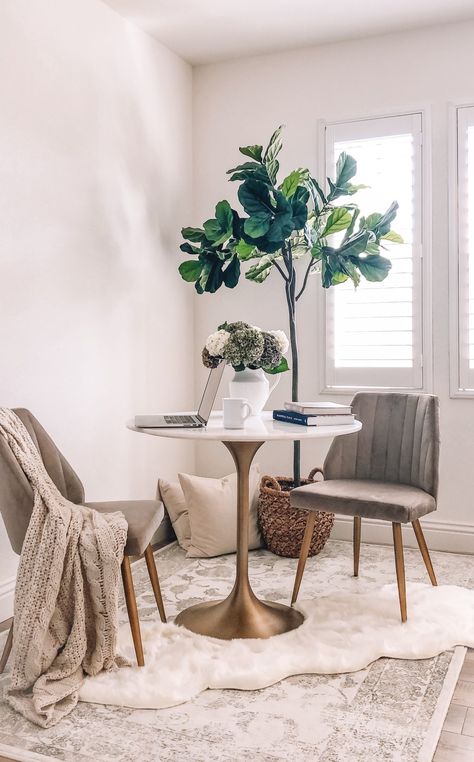 Small Space Glam Office - A Thoughtful Place Round Table Workspace, Small Home Office Design Interior, Round Table As Desk, Table As Desk, Small Study Room, Small Home Office Design, Desk In Office, Office Design Interior, Glam Office