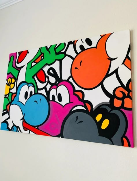 Mario Drawing Ideas, Luigi Painting, Mario Wall Art, Mario Painting, Paint Drawing Ideas, Super Mario Wallpaper, Mini Canvas Painting Ideas, Mario Wallpaper, Graffiti Room