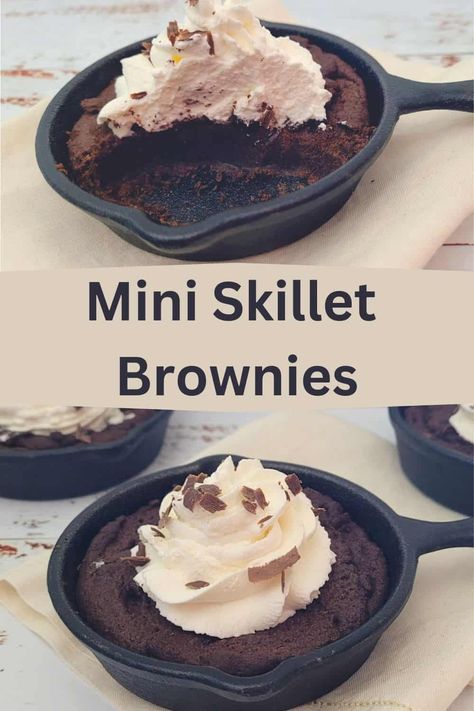 This recipe for Mini Skillet Brownies creates a dish that is relatively simple to make and delicious! A gooey brownie served in individual cast iron skillets make for an ideal rustic dessert. via @https://www.pinterest.com/DessertsWithStephanie/ Skillet Recipes Dessert, Mini Cast Iron Skillet Recipes, Mini Skillet Recipes, Dutch Oven Dessert Recipes, Skillet Brownie Recipe, Mini Cast Iron Skillet, Dutch Oven Desserts, Single Serve Brownie, Small Cast Iron Skillet