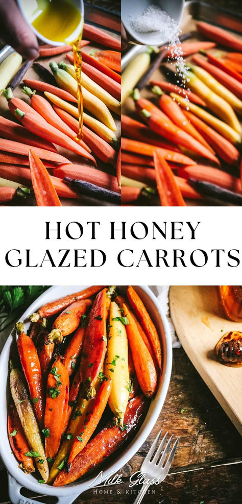 Sweet, tender, spicy, and fresh, these hot honey glazed carrots are a fun twist on candied carrots and have so much flavor! They're also incredibly easy to make. Just roast, then top with a buttery hot honey sauce and a sprinkle of fresh herbs. So simple, but so satisfying! Gluten Free Glazed Carrots, Spicy Glazed Carrots, Instant Pot Glazed Carrots, Hot Honey Glazed Carrots, Hot Honey Roasted Carrots, Roasted Candied Carrots, Hot Honey Uses, Colored Carrots Recipe, Hot Honey Recipe Ideas