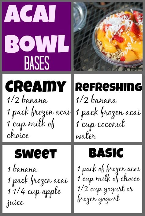 Acai bowl bases, combos + how to make an acai bowl at home. These are an amazing summer snack or meal, but can cost around $8. make them for much less at home! Paleo Acai Bowl, Make Ahead Acai Bowl, Acai Base Recipe, Best Acai Bowl Recipe, Acai Bowl At Home, Homemade Acai Bowl, Acai Recipes, Acai Bowls Recipe, Açaí Bowls