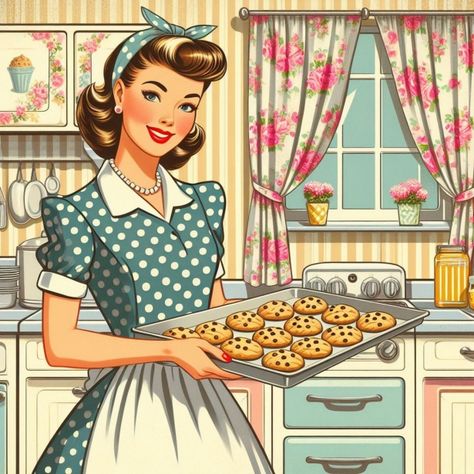 Vintage Cooking Illustration, 1940 Housewife, 1950s Housewives, 1950 Housewife, Vintage 1950s Aesthetic, Woman In Kitchen, Kitchen Graphics, Baking Illustration, Cookbook Journal