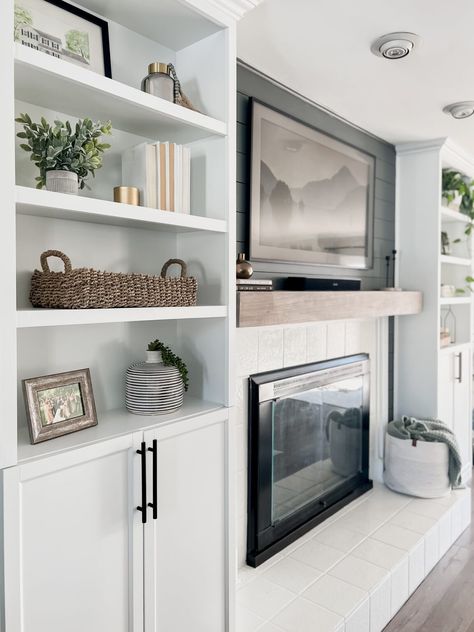 DIY Fireplace Built-Ins: IKEA Billy Bookcase Hack – Come Stay Awhile by Amanda Vernaci | Modern Farmhouse DIY + Home Renovation Pendants In Front Of Kitchen Window, Built In Shelves Living Room Around Fire Place Bookcases, Back Of House Siding, Mantle Between Bookcases, Fireplace Book Shelves, Faux Fireplace With Bookshelves, Built Ins Around Electric Fireplace, Family Room Built Ins With Tv Fireplace, Shallow Fireplace With Built Ins