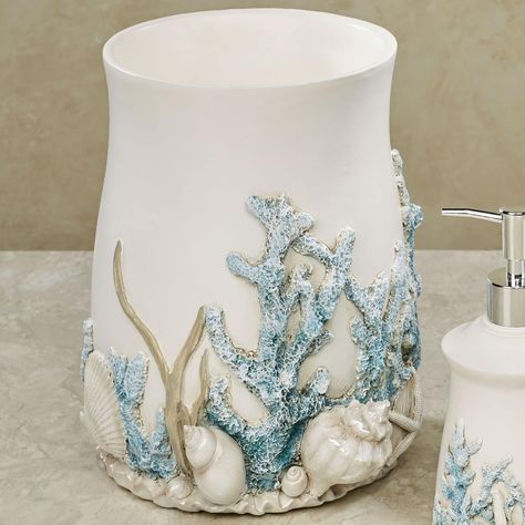 Amazon.com: Touch of Class Coral Treasures - Cesta de basura costera : Industrial y Científico Seashell Bathroom Decor, Seashell Bathroom, Shell Vase, Mermaid Ideas, Beautiful Shells, Mermaid Bathroom, Coral Decor, Tissue Cover, Beach Bathroom