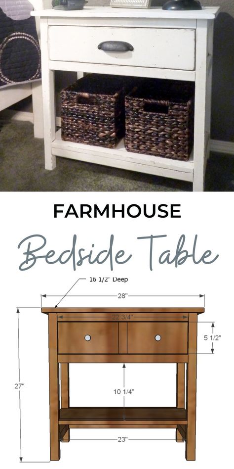 Diy Farmhouse Nightstand, Farmhouse Beds, Bedside Table Plans, Farmhouse Bedside Table, Diy Bedside Table, Furniture Blueprints, Simple Nightstand, Farmhouse Bed, Bookcase Diy