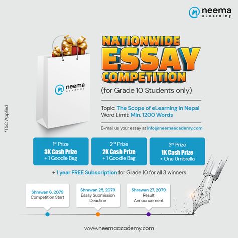 Neema Academy, Nepal’s best e-learning platform is bringing the ‘National Essay Writing Competition 2022‘ for Grade 10 students. Through this competition students have the opportunity to bring forth their “inner thinkers and writers“. The top 3 will also be able to get their hands on some exciting prizes as well. The competition started on the [...] The post Neema Academy to Host National Essay Writing Competition 2022 appeared first on TechSathi. Essay Writing Competition, Essay Competition, Writing Websites, Writing Competition, Grade 10, Research Paper Outline, Student Council, Learning Platform, Focus On What Matters