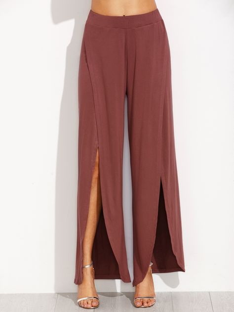 pant160808509_3 Writer Clothes, Red Wide Leg Trousers, Dressy Crop Top, Sew Pants, Red Wide Leg Pants, Split Pants, Red Trousers, Side Pants, Brown Trousers