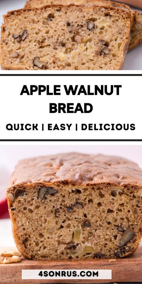 On the healthier side, this hearty apple walnut bread works for breakfast or dessert. With no added oils, butter, or white sugar- the sweet taste of the apples & the natural texture of the soft bread and nuts shines through. Fall or Winter, when apples are in season this sweet, simple bread is a must-make recipe! #bread #recipe #side Apple Walnut Loaf, Apple Walnut Bread Recipe, Apple Walnut Bread, Walnut Bread Recipe, Recipe Bread, Simple Bread, Apple Walnut, Sides Dishes, Soft Bread