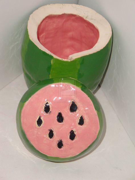 Watermelon Double Pinch Pot by ~AnnamaeTezuka on deviantART Double Pinch Pot, Double Pinch Pot Ideas, Pottery Pinch Pot, Clay Pinch Pots, Ceramic Pinch Pots, Clay Lesson, Pottery Pot, Beginner Pottery, Kids Pottery