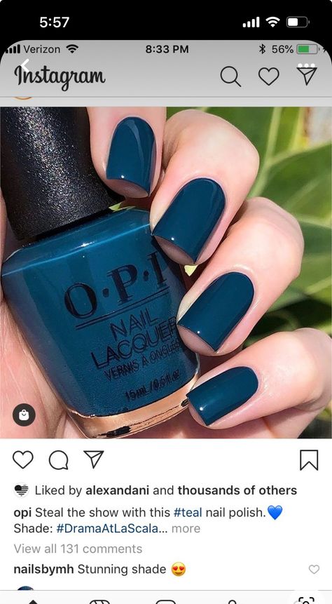 Fingernail Shapes, Blue Nail Colors, Essie Nail Colors, Opi Nail Colors, Teal Nails, Fingernail Polish, Nice Nails, Pretty Gel Nails, Gel Nail Colors