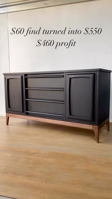 Mcm Credenza Makeover, Sideboard Paint Ideas, Refurbished Credenza, Sideboard Makeover Ideas, Credenza Makeover, Sideboard Makeover, Parker Furniture, Black And Walnut, Wood Dressers