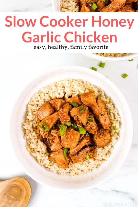 This easy crockpot Honey Garlic Chicken has the most amazing sticky and sweet sauce for Asian takeout at home. This healthy recipe from Slender Kitchen is MyWW SmartPoints compliant and gluten free. #dinner #freezerfriendly #kidfriendly Crockpot Honey Garlic Chicken, Takeout At Home, Slow Cooker Honey Garlic Chicken, Easy Food Recipes, Slender Kitchen, Favorite Recipes Dinner, Healthy Slow Cooker, Low Cal Recipes, Slow Cooker Recipes Healthy