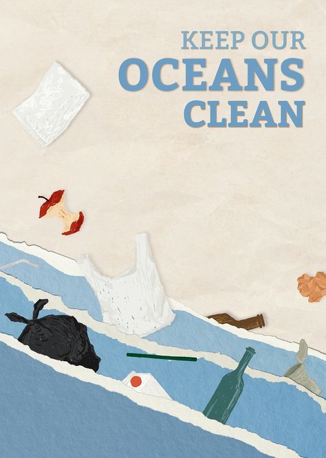 Keep oceans clean poster and save the world | premium image by rawpixel.com / Porpla mana Water Pollution Poster, Environmental Posters, Ocean Poster, Beach Clean Up, Save The Ocean, Earth Poster, 동화 삽화, Desain Buklet, Ocean Pollution